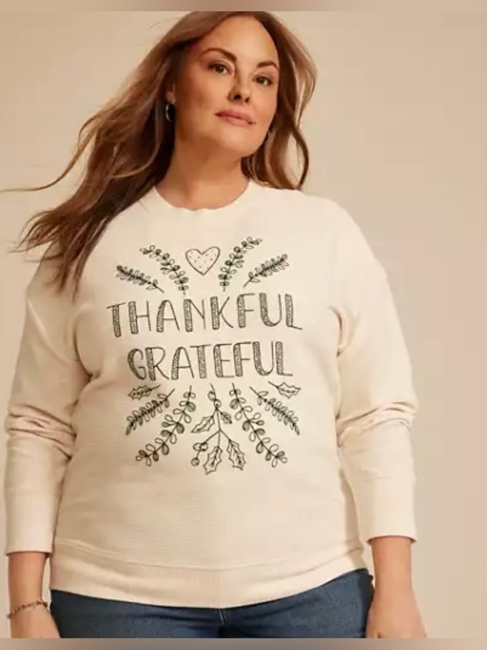 EUC Maurices "THANKFUL GRATEFUL Relaxed Fit Ribbed Sweatshirt" Oatmeal • Sz 1X